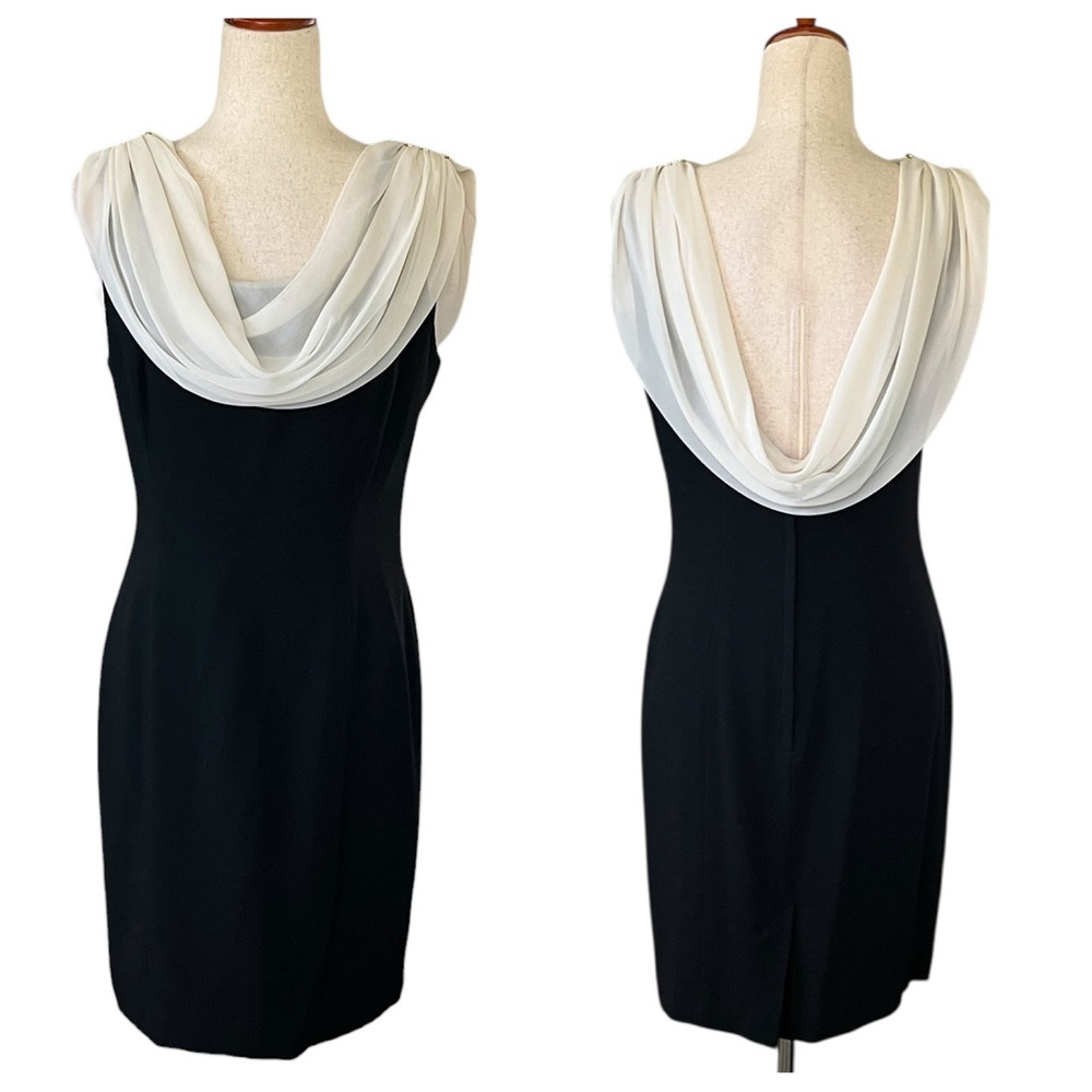Ann Taylor Black Dress with draped white Neckline and brooch shoulder pins